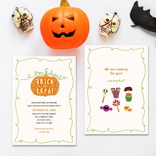 Trick oder Treat Pumpkin & Candy Halloween-Party Einladung