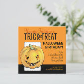Trick oder Treat Pumpkin Halloween Geburtstag Einladung (Stehend Vorderseite)