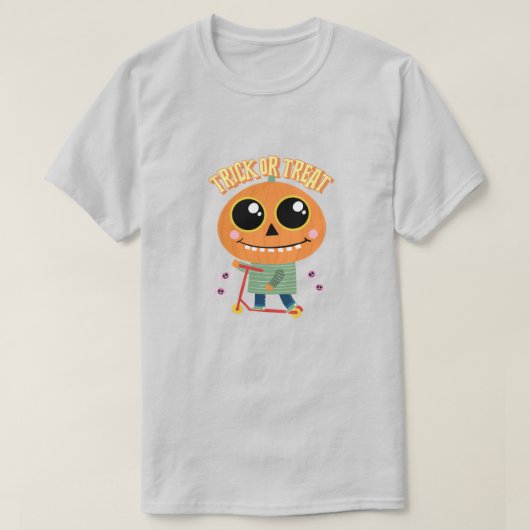 Trick oder Treat Pumpkin Kopf Kind auf Roller T-Shirt (Design vorne)