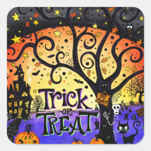 Trick oder Treat Spooky Halloween-Stickerei Quadratischer Aufkleber