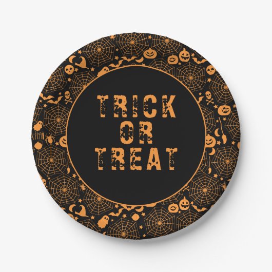 Trick oder Treat Spooky Orange und Black Halloween Pappteller (Vorderseite)