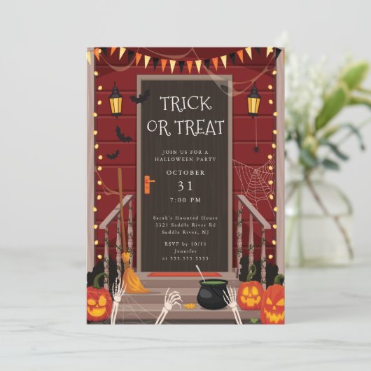 Trick oder Treat Spuk Halloween Einladung (Stehend Vorderseite)