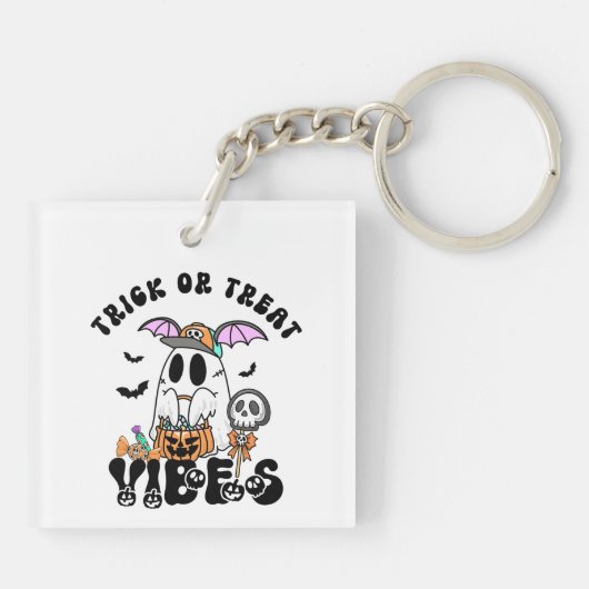 Trick oder Treat Vibes Retro Niedlich Ghost Pumpki Schlüsselanhänger (Rückseite)