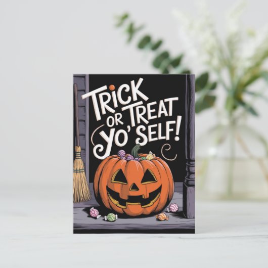 Trick oder Treat Yo'Self Funny Pumpkin Halloween Postkarte (Stehend Vorderseite)
