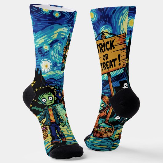 Trick oder Treat Zombies - Van Gogh Starry Hallowe Socken (Gewinkelt)