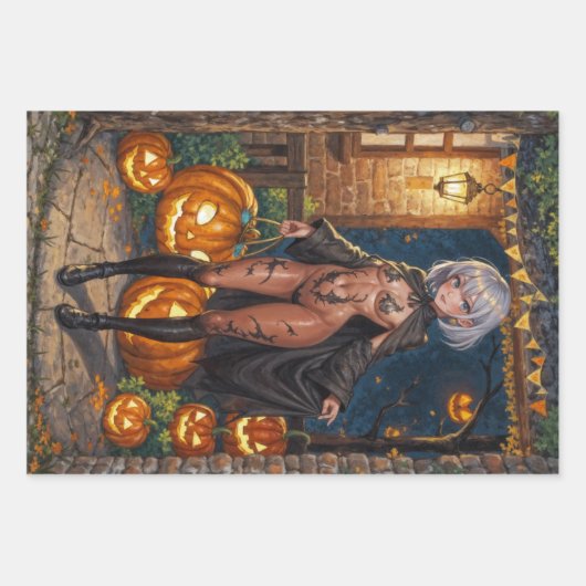 Trick oder Treater, mutiges Halloween-Kostümmädche Geschenkpapier Set (Vorderseite)