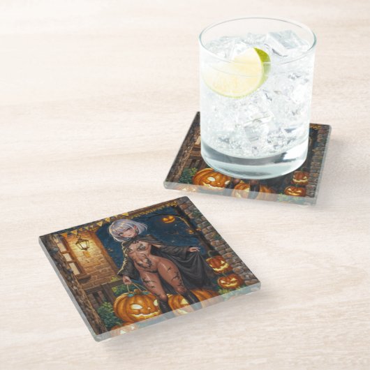 Trick oder Treater, mutiges Halloween-Kostümmädche Glasuntersetzer (Schrägansicht)