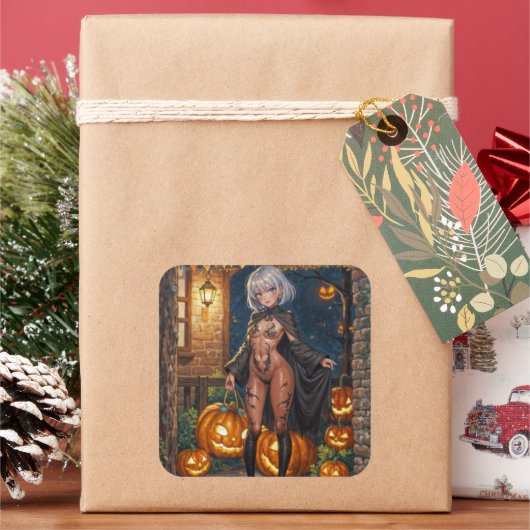 Trick oder Treater, mutiges Halloween-Kostümmädche Quadratischer Aufkleber (Feiertag)