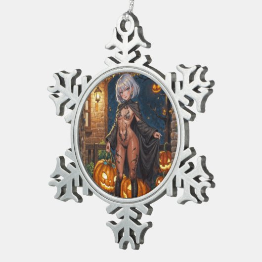 Trick oder Treater, mutiges Halloween-Kostümmädche Schneeflocken Zinn-Ornament (Rechts)
