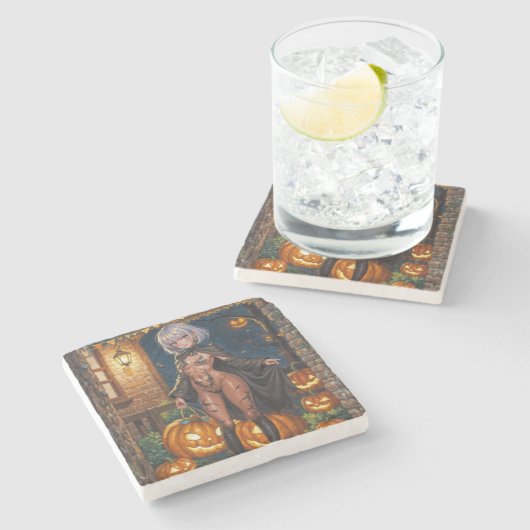 Trick oder Treater, mutiges Halloween-Kostümmädche Steinuntersetzer (Seitenansicht)