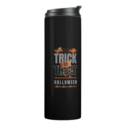 Trick- oder TreatHalloween-Design 2023 Thermosbecher (Nach links gedreht)