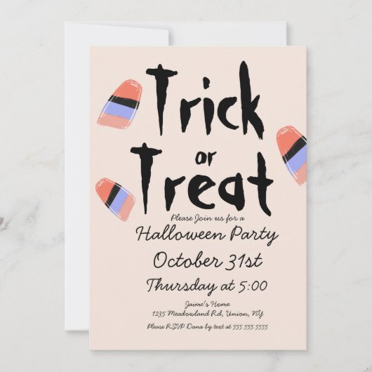 Trick oder Treppen Candy Kostüm Doodle Design Einladung (Vorderseite)