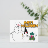 Trick oder Trete von Halloween-Schneemännern Postkarte (Stehend Vorderseite)