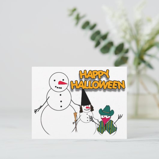 Trick oder Trete von Halloween-Schneemännern Postkarte (Stehend Vorderseite)