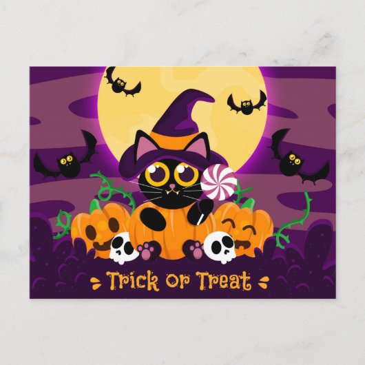 Trick oder Treten Black Cat, Pumpkins, Skulls und  Postkarte (Vorderseite)