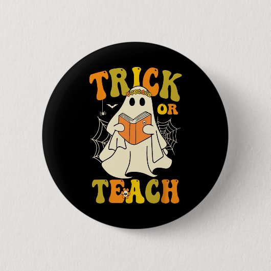 Trick or lehren Groovy Halloween Retro Blumenghost Button (Vorderseite)