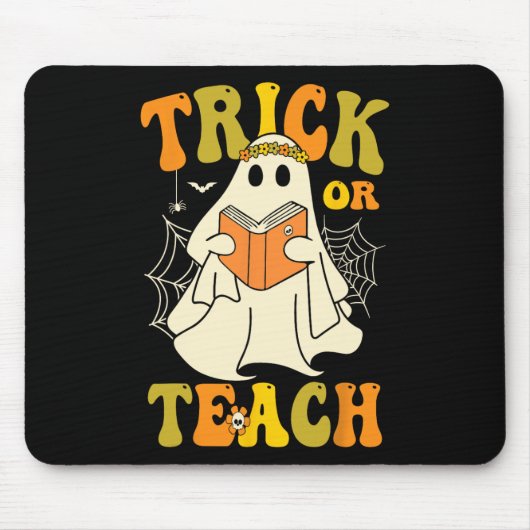 Trick or lehren Groovy Halloween Retro Blumenghost Mousepad (Vorne)