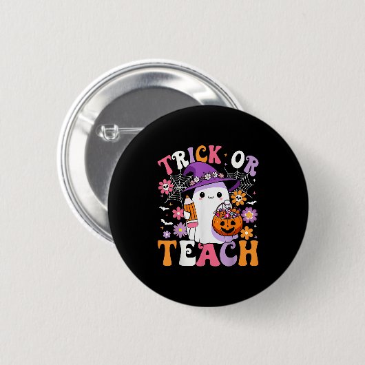 Trick or lehren Groovy Lehrer Ghost Funny Hallowee Button (Vorne & Hinten)