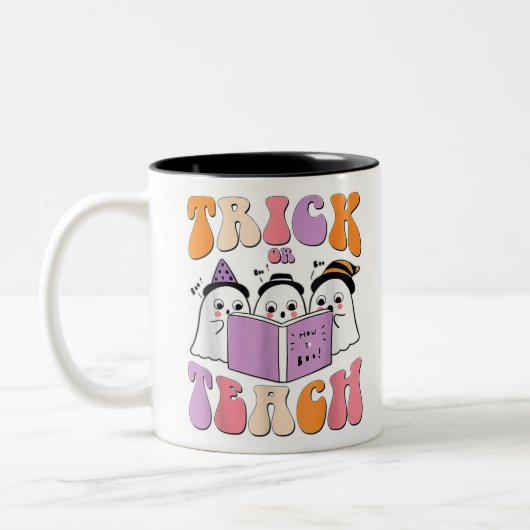 Trick or lehrghost Retro Groovy Halloween Teache Zweifarbige Tasse (Links)
