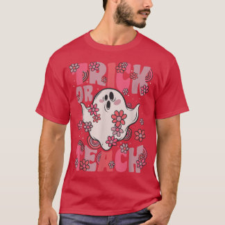 Trick Or Teach Groovy Ghost Vintage Flowers Hallow T-Shirt