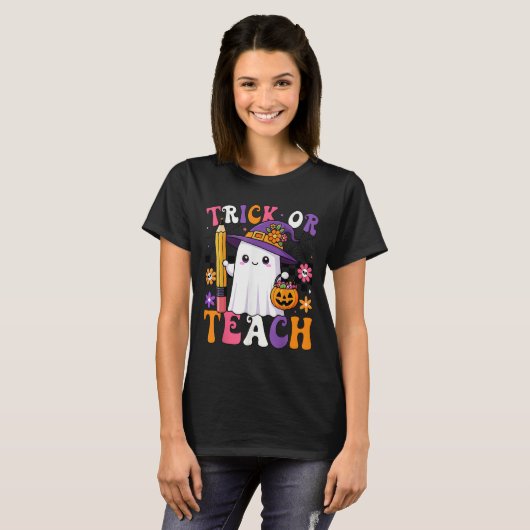 Trick Or Teach Teacher Pencil Ghost Funny Hallowee T-Shirt (Vorne ganz)