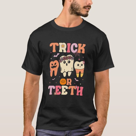 Trick Or Teeth Ghost Groovy Dental Halloween Treat T-Shirt (Vorderseite)