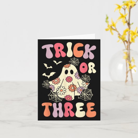 Trick Or Three 3 Years Old Birthday Groovy Ghost H Karte (Gelbe Blume)
