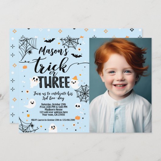 Trick or Three Blue Halloween Cute Ghost Einladung (Vorne/Hinten)