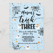 Trick or Three Blue Halloween Cute Ghost Einladung (Vorne/Hinten)