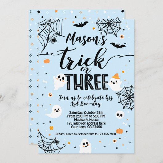 Trick or Three Blue Halloween Cute Ghost Einladung (Vorne/Hinten)