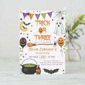 Trick Or Three Halloween Groovy Geist 3. Geburtsta Einladung (Stehend Vorderseite)