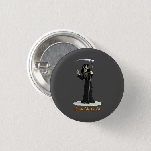 Trick or Treat. Cartoon Grim Reaper Button (Vorne & Hinten)