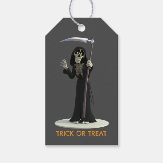 Trick or Treat. Cartoon Grim Reaper Geschenkanhänger (Vorderseite)