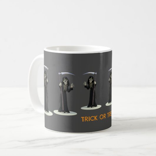Trick or Treat. Cartoon Grim Reaper Kaffeetasse (Vorderseite Links)