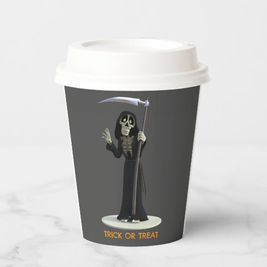 Trick or Treat. Cartoon Grim Reaper Pappbecher (Vorderseite)