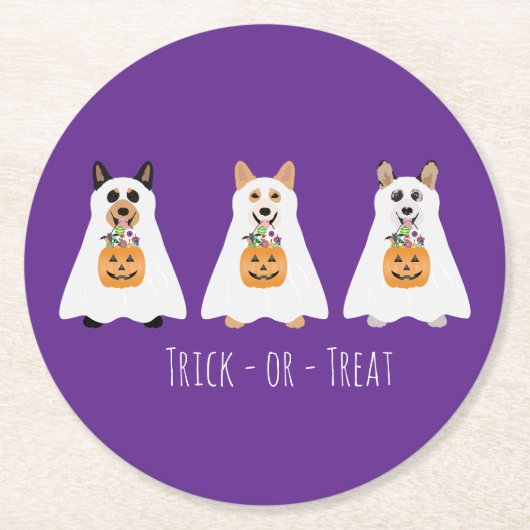 Trick or Treat Corgi Ghost Hunde Halloween Runder Pappuntersetzer (Vorderseite)