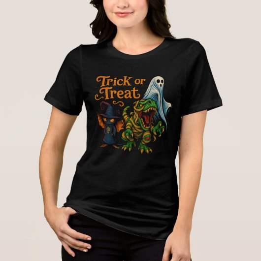 Trick or Treat Dino & Friends Halloween Art Tri-Blend Shirt (Vorderseite)