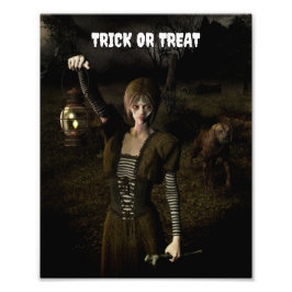 Trick or Treat. Thin female carrying lamp Fotodruck