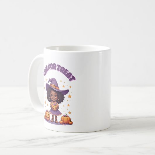 Trick or Treat Witch Girl Mug – Cute Pumpkin Hallo Kaffeetasse (Vorderseite Links)