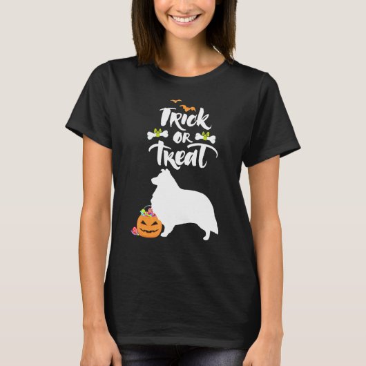 Trick or Tree Sheltie Shetland Sheepdog Hund Hallo T-Shirt (Vorderseite)