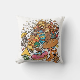Trickfilm-Tiere mit fallenden Snacks isoliert auf Kissen