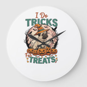 Tricks Behandlungen Halloween Mops Hexenhut Kürbis Große Wanduhr