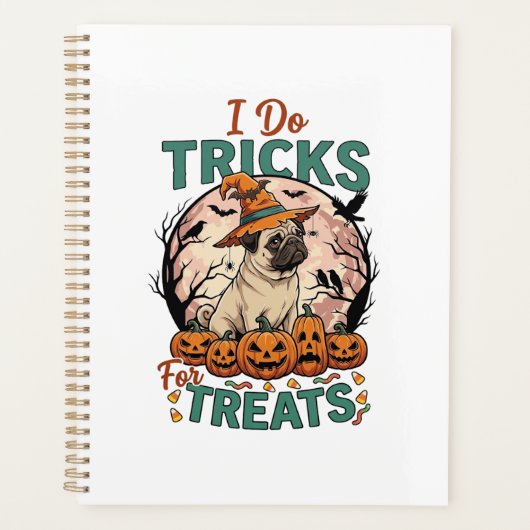 Tricks Behandlungen Halloween Mops Hexenhut Kürbis Planer (Vorderseite)