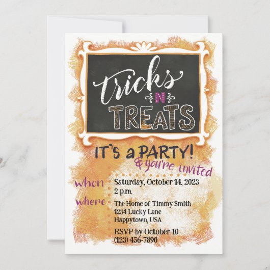 Tricks-n-Leckereien, benutzerdefinierbare Hallowee Einladung (Vorderseite)