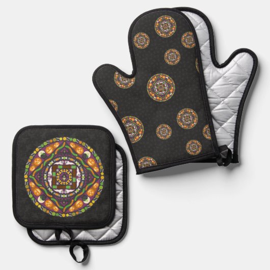 Tricks und Leckereien Mandala Ofenhandschuh & Topflappen-Set (Vorderseite/Rückseite)