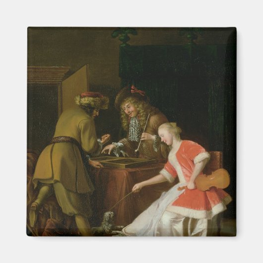 Tricktrackspieler mit einer Dame und ihrem Hund Magnet (Vorne)