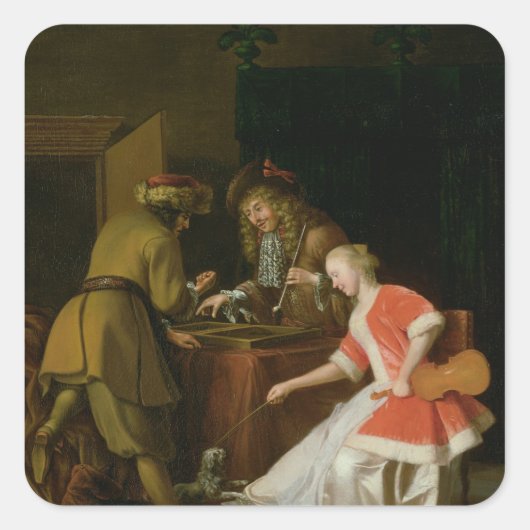 Tricktrackspieler mit einer Dame und ihrem Hund Quadratischer Aufkleber (Vorderseite)