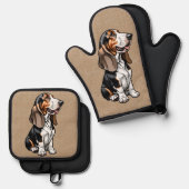 Tricolor Basset Hound Ofenhandschuh & Topflappen-Set (Vorderseite/Rückseite)
