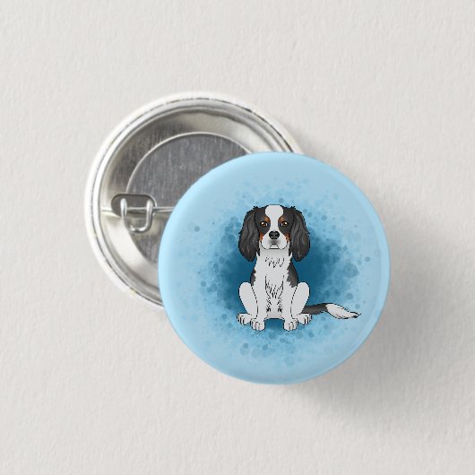 Tricolor Cavalier King Charles Spaniel Dog On Blue Button (Vorne & Hinten)
