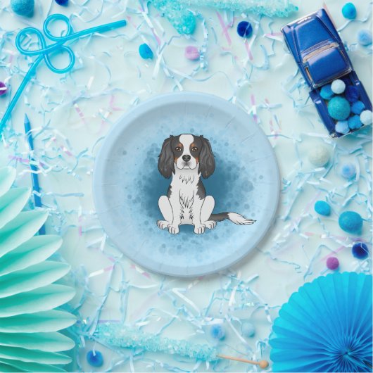 Tricolor Cavalier King Charles Spaniel Dog On Blue Pappteller (Party)